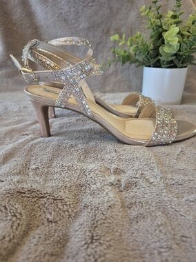 Alex Marie Champagne & Gold Rhinestone Strappy Heels